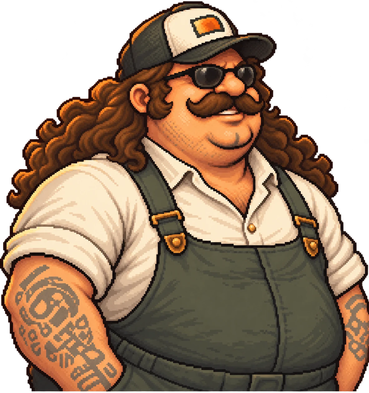 Chance Malone: gorra, gafas de sol, bigote enorme y peto verde