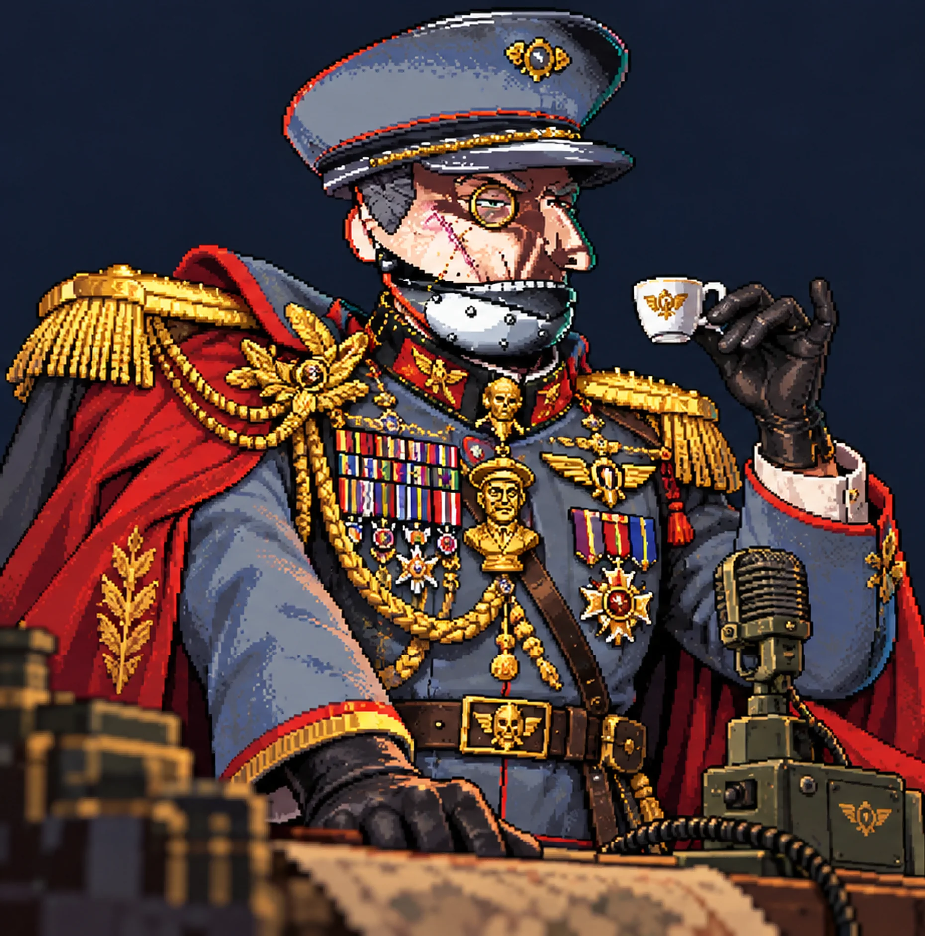 El General Krank en su despacho, con capa roja y taza de té