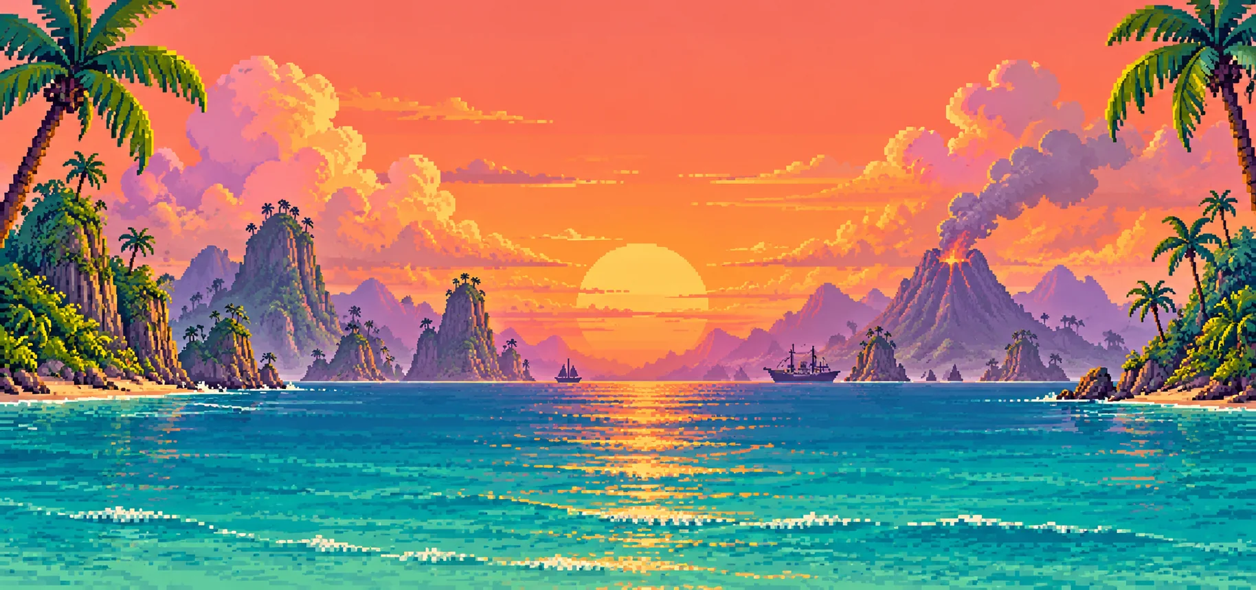Atardecer en las Islas Tropicanas, con un volcán humeando al fondo