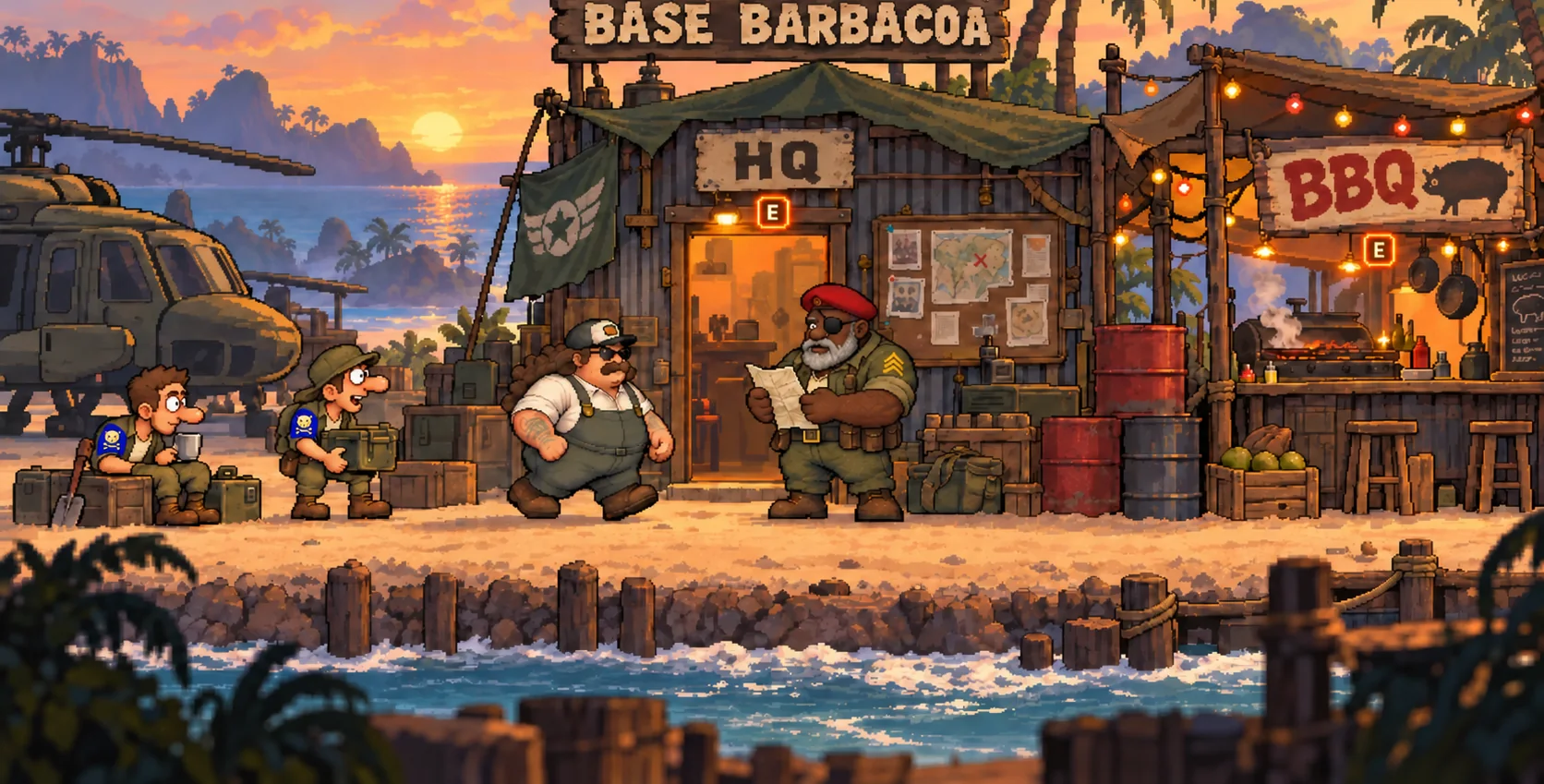 Base Barbacoa al atardecer: el cuartel, la barbacoa y el helicóptero